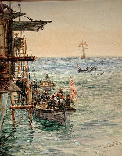 Eclipse Party vertrekt van H.M.S. Theseus, Santa Pola door William Lionel Wyllie