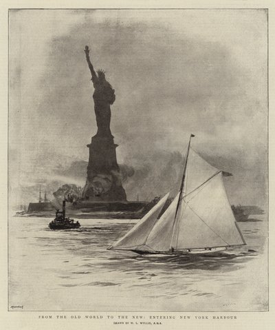 Van de Oude Wereld naar de Nieuwe, binnenvaren van de haven van New York door William Lionel Wyllie