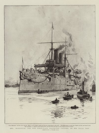 HMS Blenheim, de Nieuwe Eerste-Klasse Beschermde Kruiser, op haar Proefvaart door William Lionel Wyllie