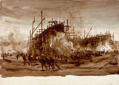 IJzeren schepen in aanbouw, c.1910 door William Lionel Wyllie