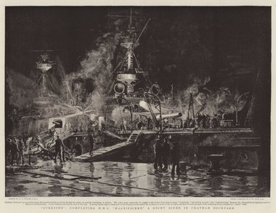 Overwerk, voltooiing van HMS Magnificent, een Nacht Scène in Chatham Dockyard door William Lionel Wyllie