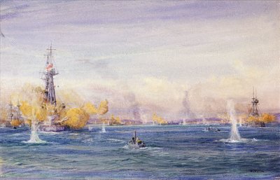 De Slag om de Dardanellen (1915), tijdens de Gallipoli-campagne, in de Zee van Marmara. Aquarel, circa 1915 door William Lionel Wyllie (1851-1931). door William Lionel Wyllie