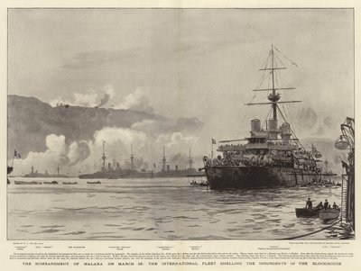 Het Bombardement van Malaxa op 23 maart, de Internationale Vloot beschiet de Opstandelingen in het Blokhuis door William Lionel Wyllie