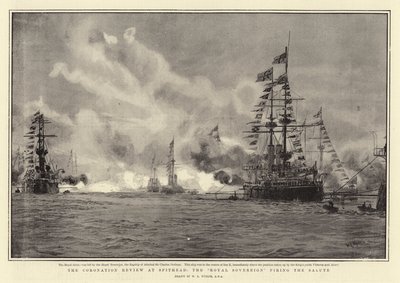 De Kroningsparade bij Spithead, de Royal Sovereign vuurt het Saluut af door William Lionel Wyllie