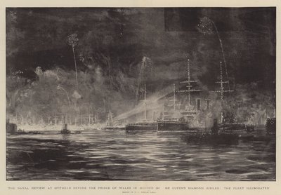 De Marineparade bij Spithead voor de Prins van Wales ter ere van het Diamanten Jubileum van de Koningin, de Vloot Verlicht door William Lionel Wyllie