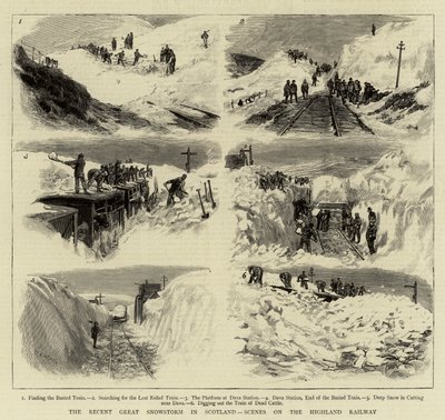De Recente Grote Sneeuwstorm in Schotland, Scènes op de Hooglandspoorweg door William Lionel Wyllie