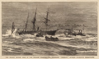 De Recente Zware Storm in het Engelse Kanaal, het Stoomschip Hankow buiten de Plymouth Golfbreker door William Lionel Wyllie