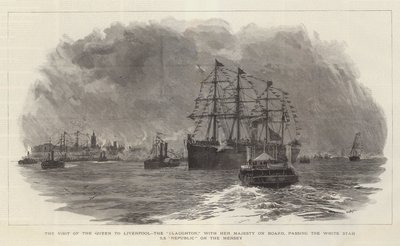 Het Bezoek van de Koningin aan Liverpool, de Claughton, met Hare Majesteit aan Boord, langs de White Star SS Republic op de Mersey door William Lionel Wyllie