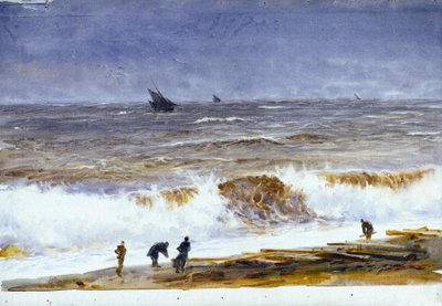 Het strand van Berck-sur-Mer (Frankrijk), met woelige zee en personages op het strand door William Lionel Wyllie