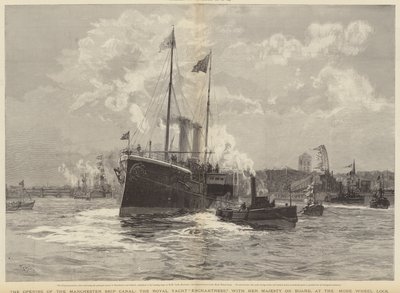 De opening van het Manchester Ship Canal, het Koninklijk Jacht Enchantress met Hare Majesteit aan boord, bij de Mode Wheel Lock door William Lionel Wyllie