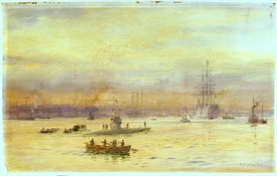 Deze aanblik kijkt omhoog de haven aan de Gosport-kant waar een onderzeeër binnenkomt, met een andere ervoor. door William Lionel Wyllie