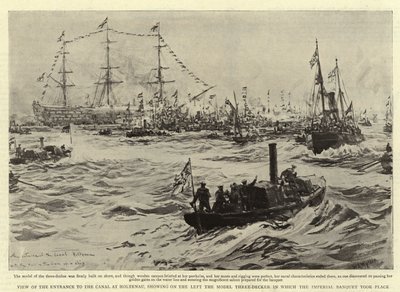 Uitzicht op de Ingang van het Kanaal bij Holtenau, met links het Model Drie-dekker waarin het Keizerlijk Banket plaatsvond door William Lionel Wyllie