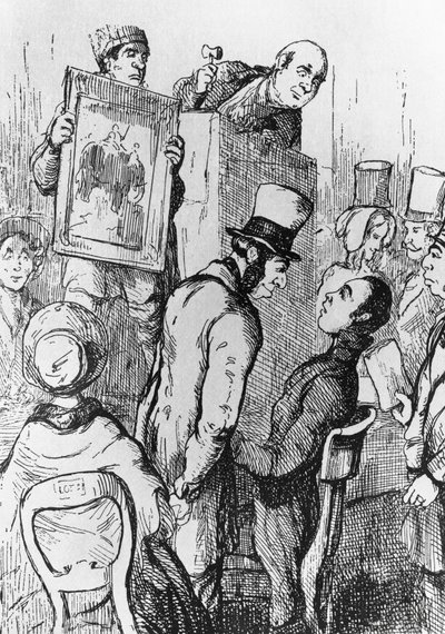 Olifant te koop, illustratie voor het 17e hoofdstuk van Vanity Fair, roman door William Makepeace Thackeray (1811-1863), gravure naar tekening door William Makepeace Thackeray (1811-1863), gepubliceerd in Chicago in 1882 door William Makepeace Thackeray