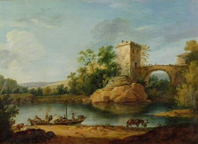 Een bebost Italiaans rivierlandschap met boeren in een schuit en een brug op de achtergrond, ca. 1770 door William Marlow