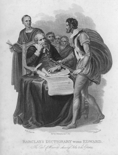Barclays Woordenboek, woord: Edward, De Graaf Van Warren toont Titels van zijn Landgoederen (gravure) door William Marshall (after) Craig