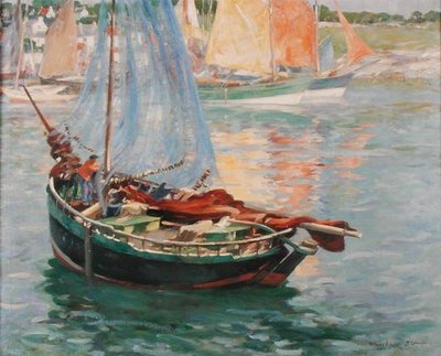 Concarneau, het drogen van de netten, ca. 1920 door William Marshall Brown