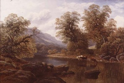Landschap met een Rivier en Vee door William Mellor