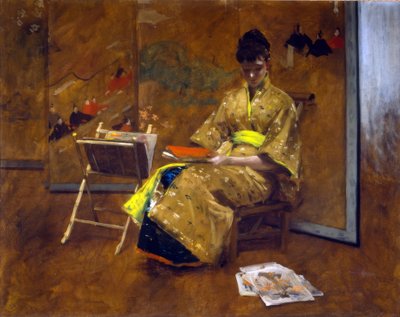 Een meisje in Japanse gewaad. De Kimono ca. 1887. door William Merritt Chase