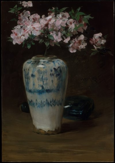 Roze azalea—Chinese vaas door William Merritt Chase