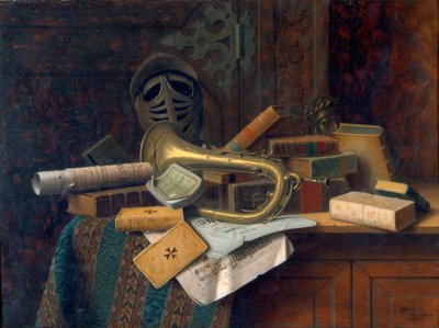 Stilleven met buste van Dante (1883) door William Michael Harnett
