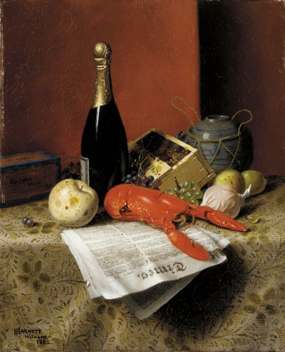 Stilleven met kreeft, fruit, champagne en krant, 1882 door William Michael Harnett