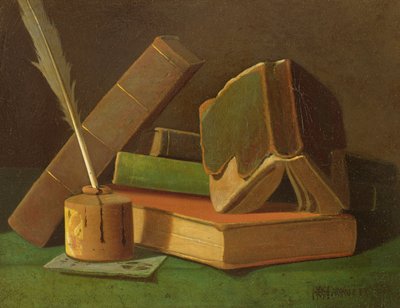 Stilleven met boeken en inktpot door William Michael Harnett