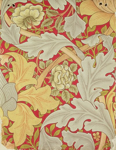 Acanthusbladeren en wilde roos op een karmozijnrode achtergrond, behangontwerp door William Morris