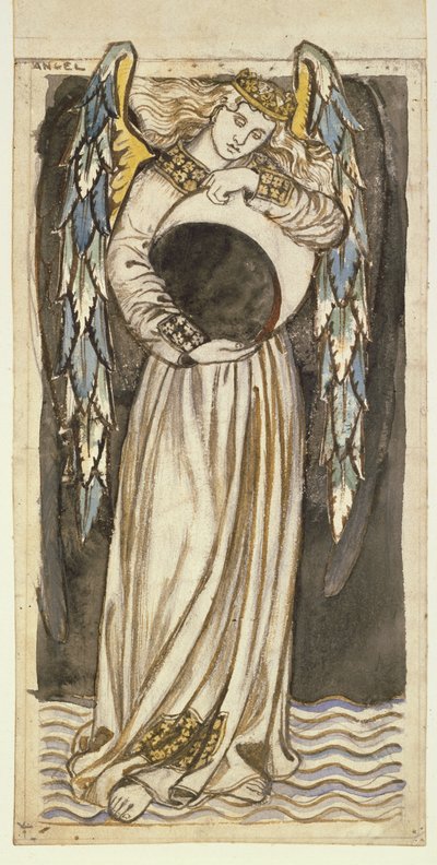 Een engel die een afnemende maan vasthoudt door William Morris