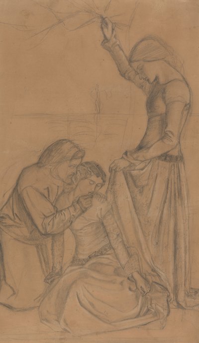 Compositie van drie figuren in een tuin door William Morris