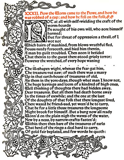 Kelmscott Pers: Pagina uit Het Verhaal van Beowulf Gedrukt in het Troy Type door William Morris