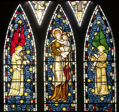 Madonna en Kind met Twee Engelen, bovenste helft van het Engelenraam (detail) door William Morris