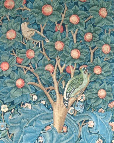 Het Specht Tapijt, detail van de spechten door William Morris