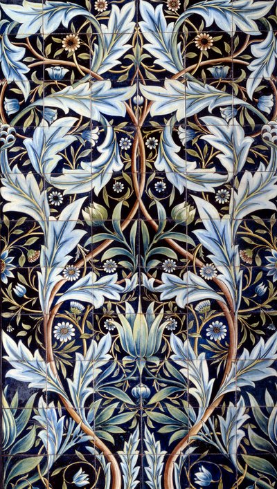 Wandbekledingspaneel (66 tegels) gemaakt door William Morris en William Frend de Morgan in faience. Van Membland Hall voor Edward Charles Baring. Chelsea, Engeland. 1876-1877 Parijs, musee d