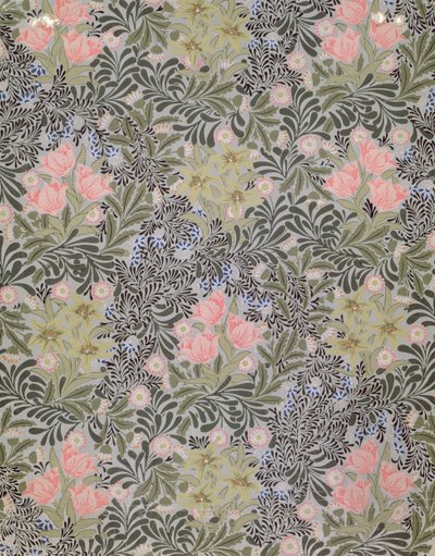 Behangontwerp met Tulpen, Madeliefjes en Kamperfoelie door William Morris