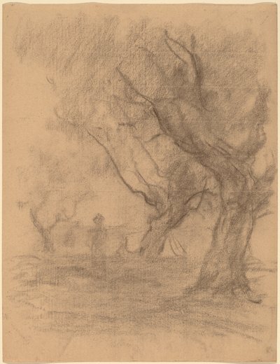 Vrouw Staand Onder Twee Bomen door William Morris Hunt