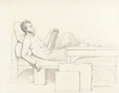 Zelfportret van de kunstenaar liggend op een gotische bank, een boek lezend door William Mulready