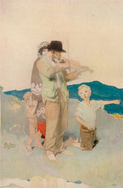 De violist, studie voor centrale groep in de Wayside Wedding, ca. 1923 door William Newenham Montague Orpen