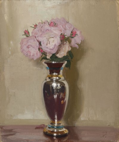 Roze Rozen in een Zilveren Glansvaas door William Nicholson
