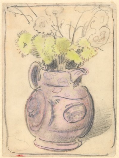 Vaas met bloemen: gele chrysanten in een glanzende kruik door William Nicholson