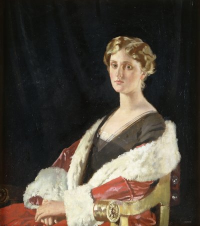 Portret van Nancy Oswald Smith, zittend, half lengte, in een Rode bontjas door William Orpen