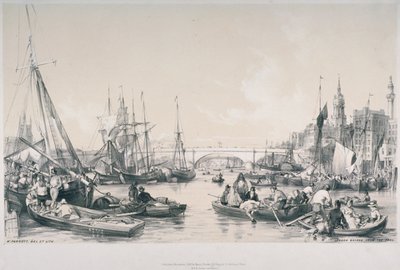 Zicht op de nieuwe London Bridge vanaf de poel van de rivier de Theems door William Parrott