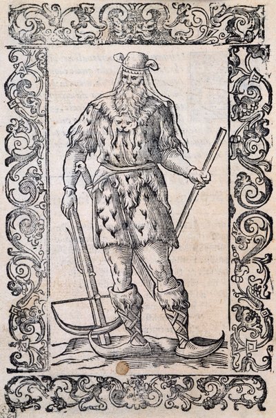 Man met bontkleding, kruisboog en schoenen met gedraaide punt (voorbeeld van rudimentaire ski