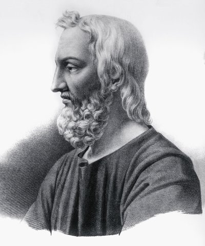 Portret van Pedanius Dioscorides (circa 40-circa 90), Griekse arts, botanicus en apotheker, gravure door Nicolas Toussaint Charlet