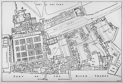 Een verkleinde kopie van Fishers grondplan van het Koninklijk Paleis van Whitehall, genomen in het bewind van Char door William Patten