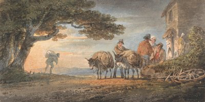 Bestuurders en ezels rusten bij zonsondergang door William Payne