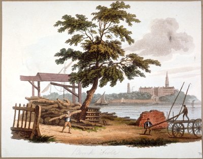 Mannen die hout verplaatsen bij Bankside, Southwark, Londen, ca. 1810 door William Pickett