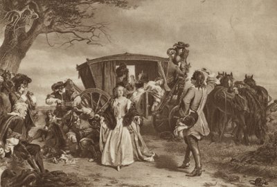 Familie overvallen door Franse struikrover Claude Duval door William Powell (after) Frith