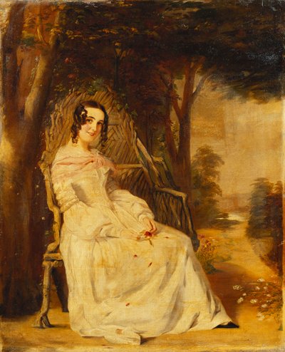 Portret van Mary Freer zittend, klein volledig lengte op een tuinbank door William Powell Frith