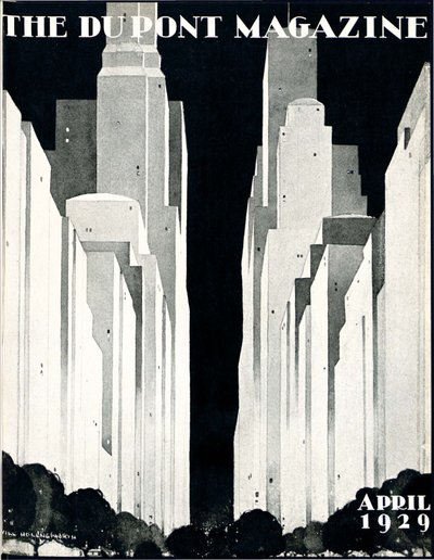 Wolkenkrabbers, voorpagina van het DuPont Magazine, april 1929 door William R. Jr. Hollingsworth
