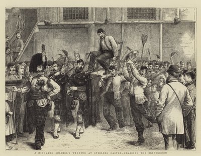 Een bruiloft van een Schotse soldaat in Stirling Castle, het dragen van de bruidegom door William Ralston
